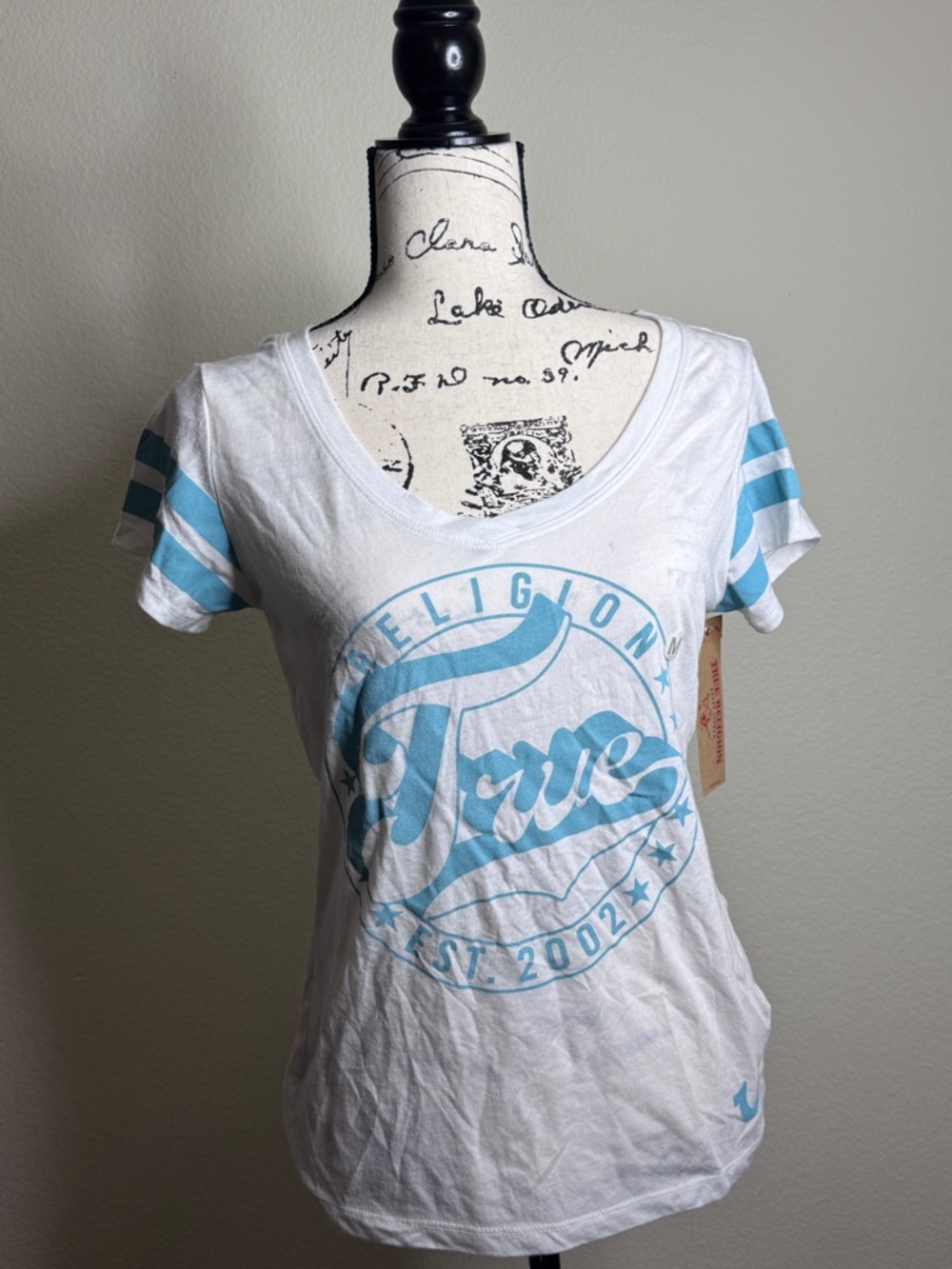 True Religion White Tee with Light Blue Logo & Sleeve Stripes